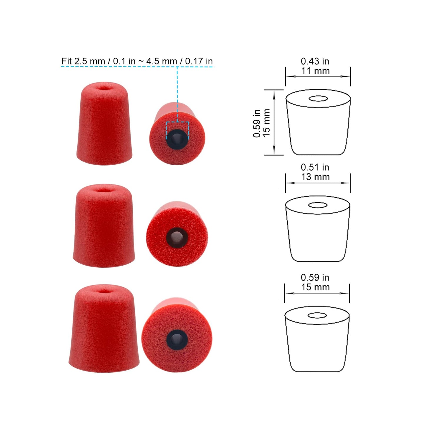 Klowcok Memory Foam Replacement Ear Tips for Etymotic, Walker's,ISOtunes PRO,Westone, Shure,Elgin,Plugfones Earbuds, Comfort Fit, Red, 3Pairs