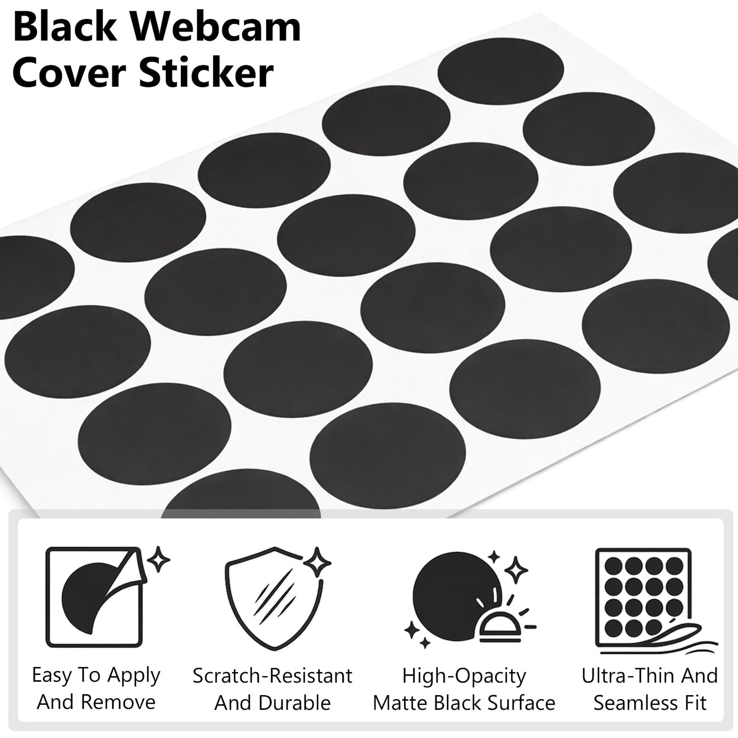 Mnvhoky Stackable Vinyl Webcam Privacy Stickers, 12 Sheets Low-Tack Restickable Camera Covers in 3 Sizes, Black Webcam Blocker Set