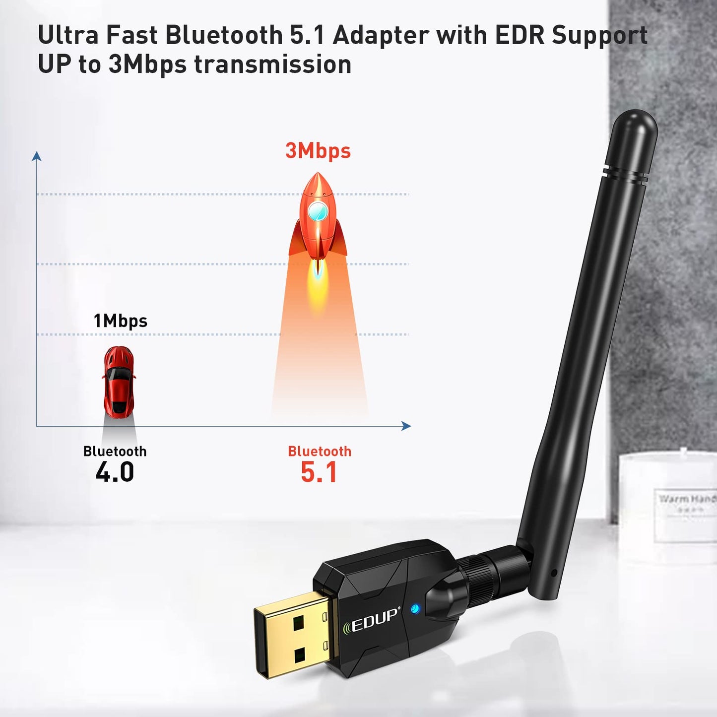 EDUP Long Range USB Bluetooth 5.1 Adapter for PC USB Bluetooth Adapter Wireless Audio Dongle 328FT / 100M 5.1 Blue Tooth Transmitter Receiver