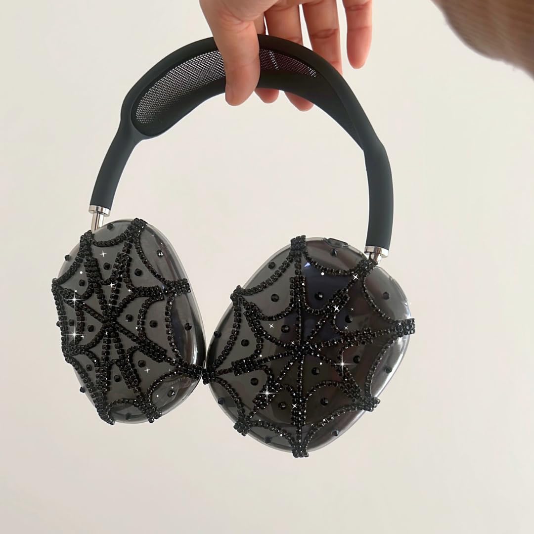 Rhinestones Spider Web AirPods Max Cover Black Glittering Headphones Case for Apple Airpods Max Cute Airpod Pro Max Ear Covers Protective Accessories