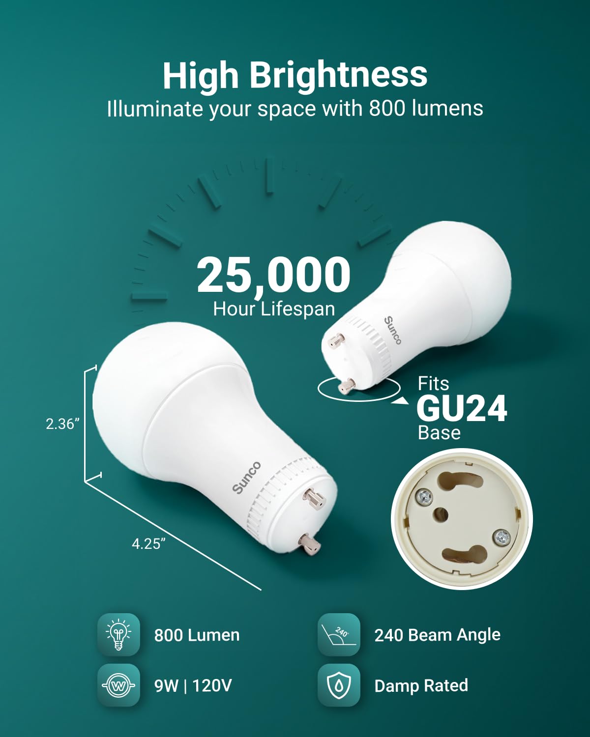 Sunco 16 Pack GU24 LED Light Bulbs, 2 Prong, 9W=60W, 5000K, Dimmable