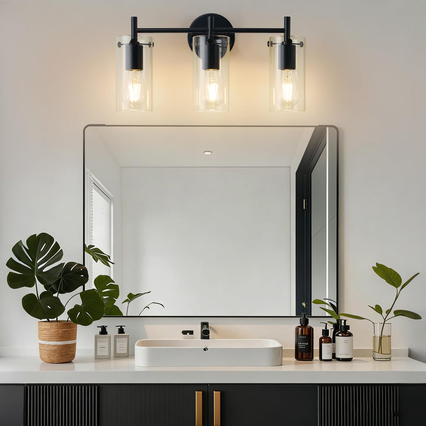 Indoi Bathroom Light Fixtures, 3-Light Matte Black Vanity Light, Black Bathroom Lights Over Mirror with Clear Glass Shade, Wall Sconces for Mirror