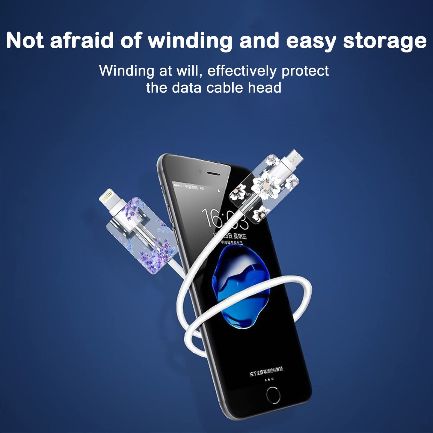 Cute Floral Cable Protector for iPhone Charger Lavender Camellia Sunflower Flower Bouquet Lace Cherry Blossom Pattern 6 pcs Set Cable Protector