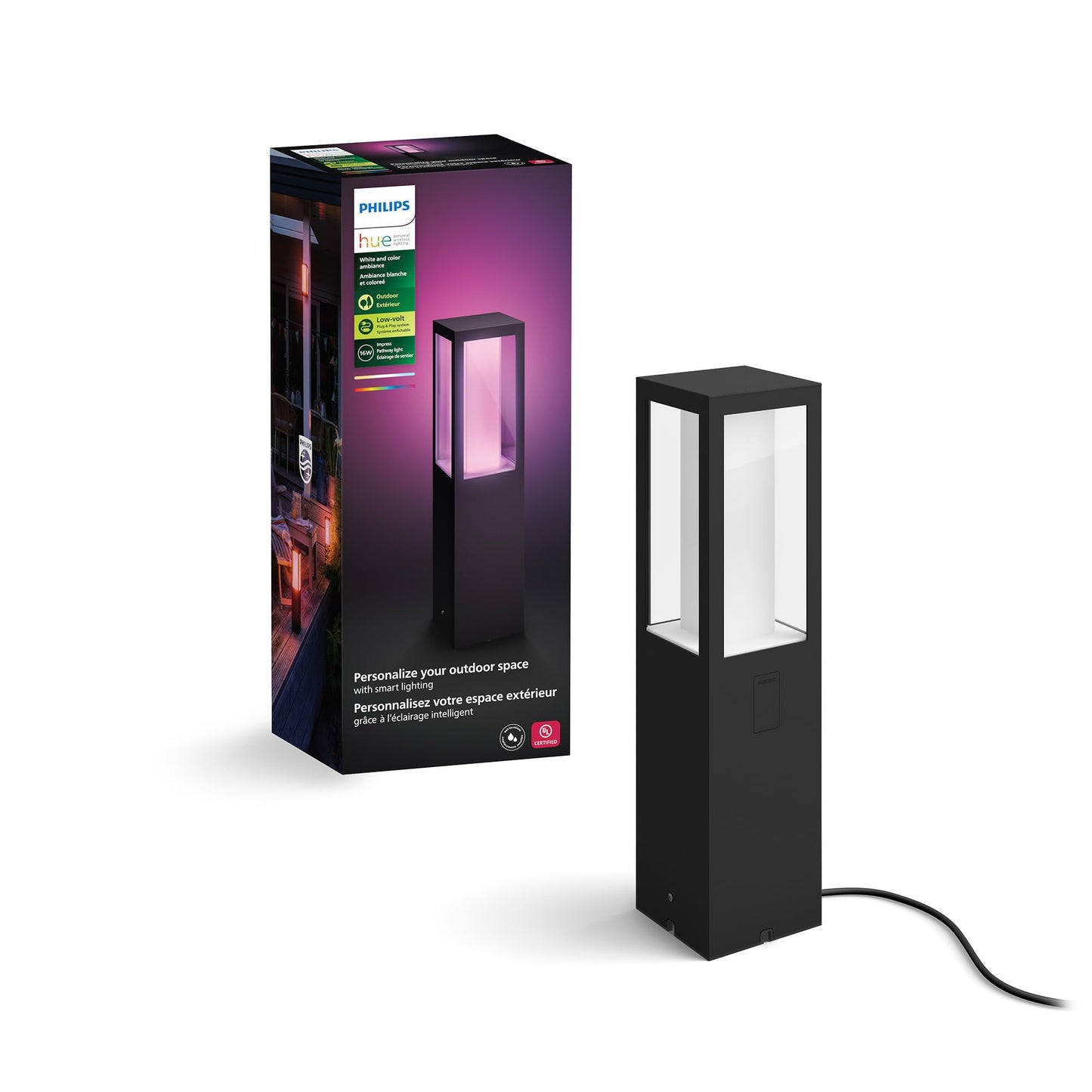 Philips Hue Impress Outdoor Pedestal Light (Low-Volt), (15.7 x 3,9 in) White & Color Light, Voice Control, Bridge Required