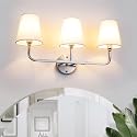 Bathroom Light Fixtures, 3-Light Wall Sconce, Brushed Nickel Vanity Lights Over Mirror with Flared White Fabric Shade, Modern Sconces Wall Lighting