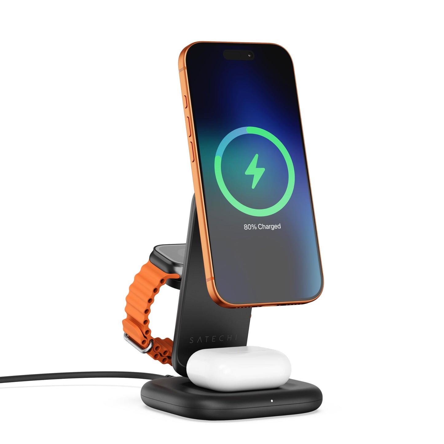 Satechi 3-in-1 Qi2 Wireless Charging Station, 25W Fast Magnetic Charger, Foldable Charging Stand for iPhone 17, Apple Watch Series 11, AirPods, 45W