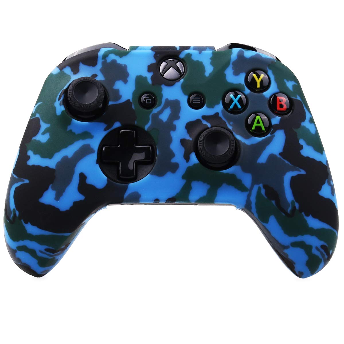 YoRHa Water Transfer Printing Camouflage Silicone Cover Skin Case for Microsoft Xbox One X & Xbox One S Controller x 2(red&Blue) with PRO Thumb Grips