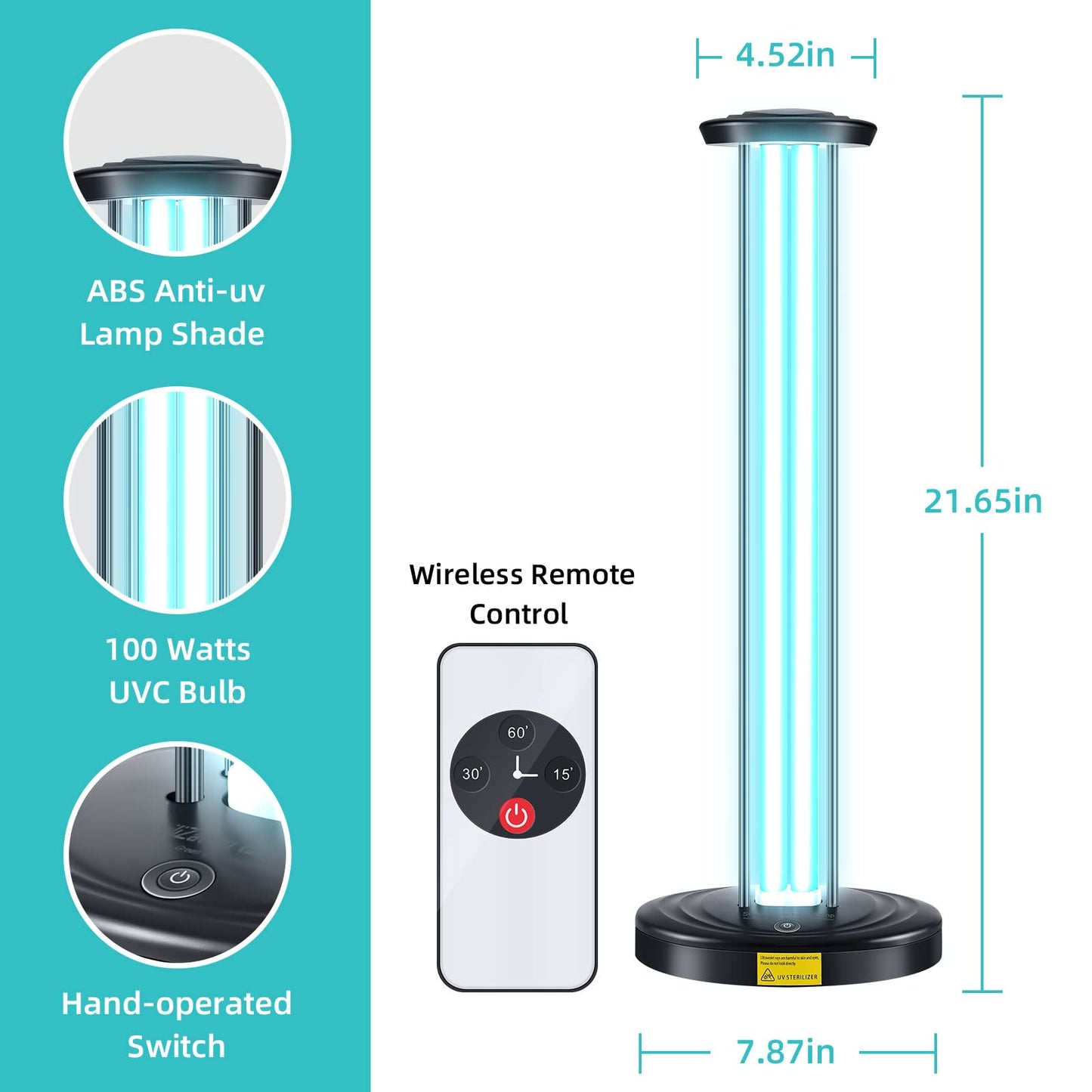 JTAPURE 100W Ozone-Free UV Light with Remote & 3 Timer Settings