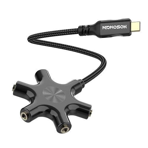 HOSONGIN USB-C Audio Splitter for 5 Headphones - USB C to 3.5mm Hi-Res DAC Adapter for MacBook, iPad Pro, Galaxy S24, Pixel - Travel, Classroom