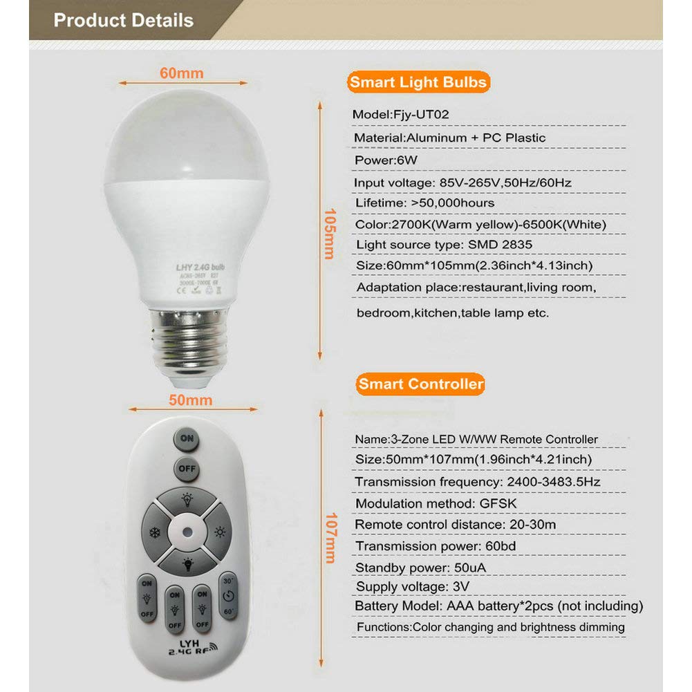 Fjiangyi 6W E27 Smart LED Light Bulbs Dimmable with 2.4GHz Wireless 3-Zone Remote Control - Adjustable Color Temperature (Warm/Cool) and Brightness 2