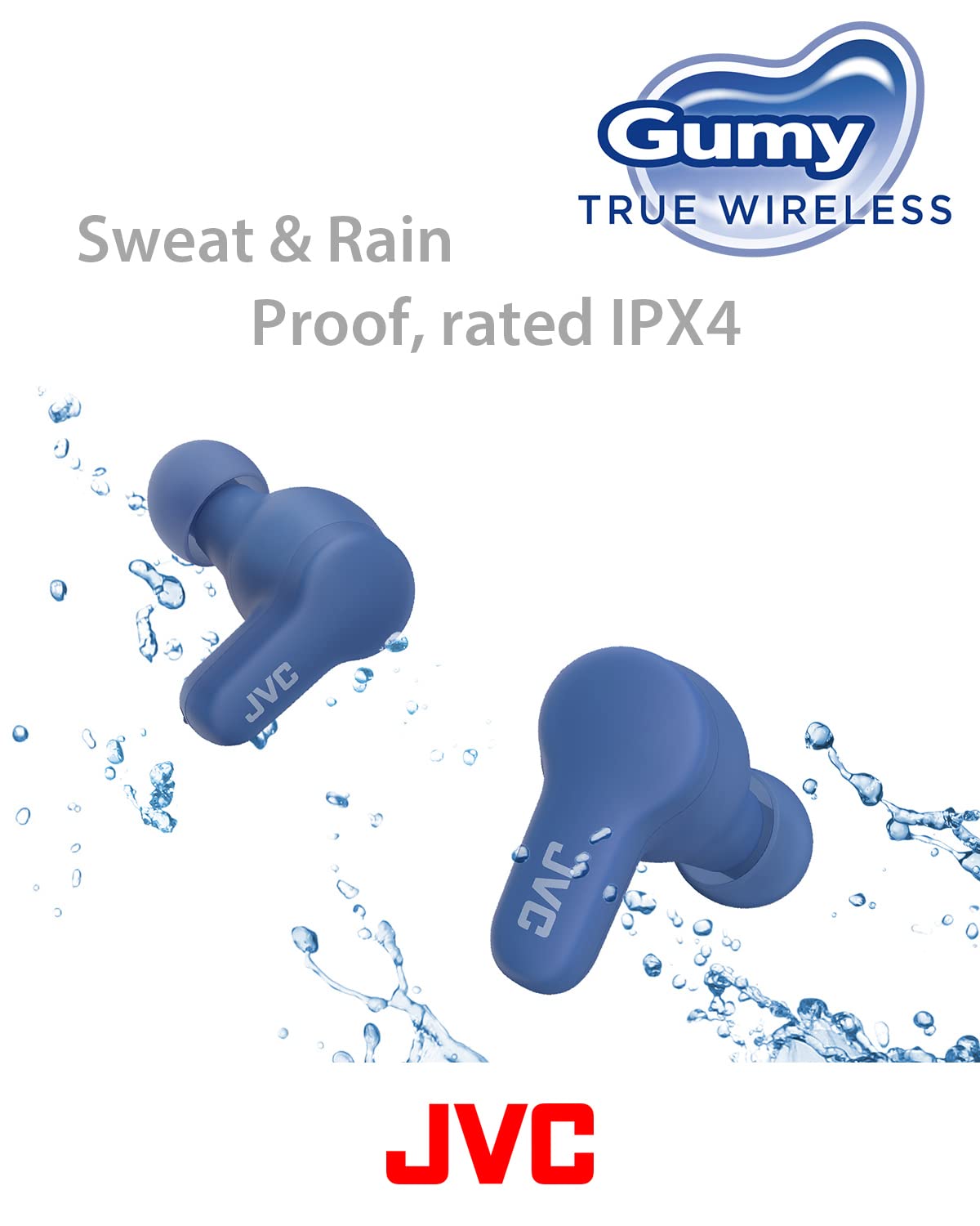 JVC Gumy True Wireless Earbuds, Bluetooth 5.3, Charging Case, 24-Hour Playback, IPX4 Water Resistant, Comfortable Secure Fit with XS/S/M/L Earpieces