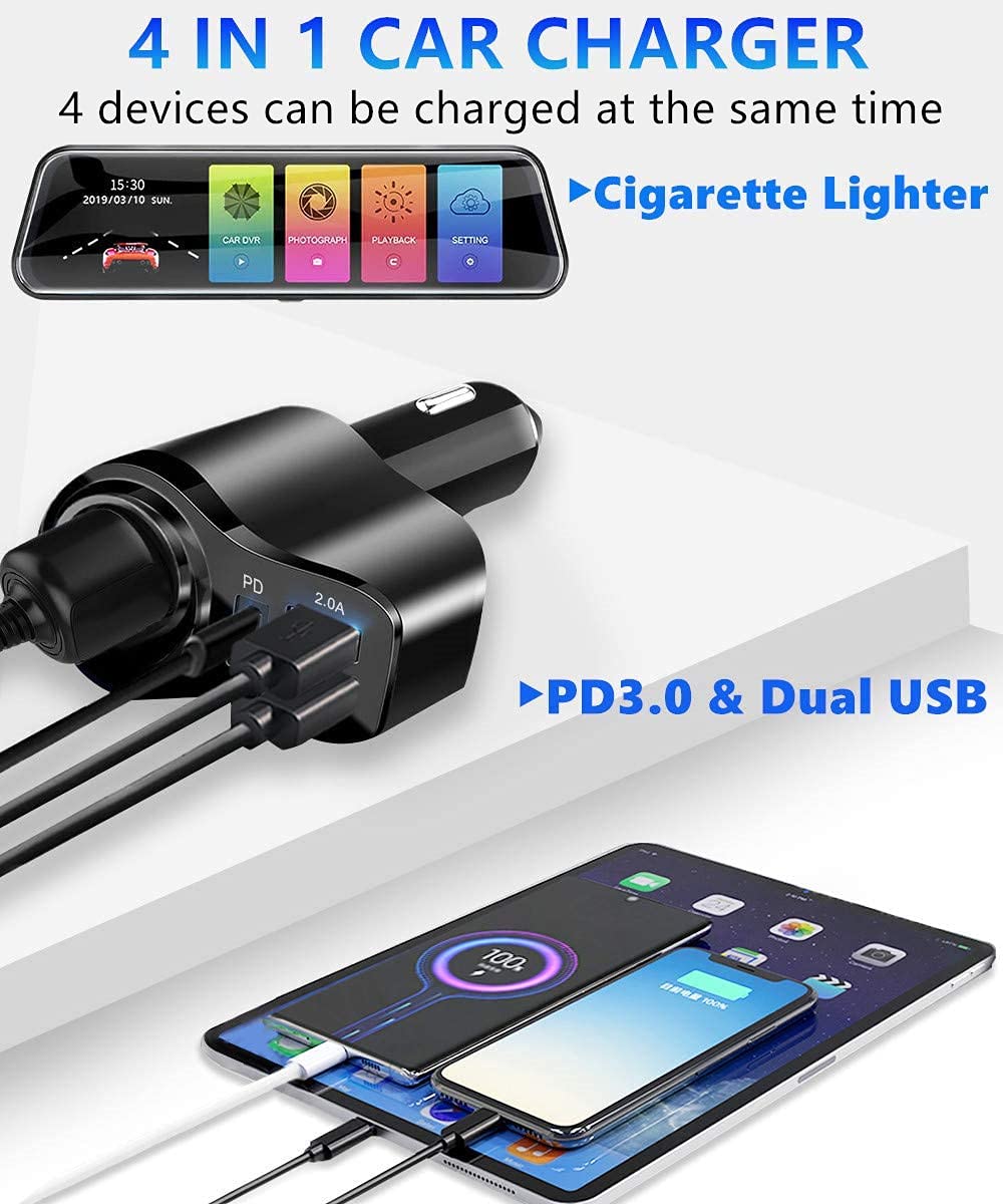4 in 1 USB C Car Charger, 168W Multi USB Cigarette Lighter Adapter, Socket Splitter with 3 USB Ports, 12V/24V Dual USB Type C PD Fast Car Charger