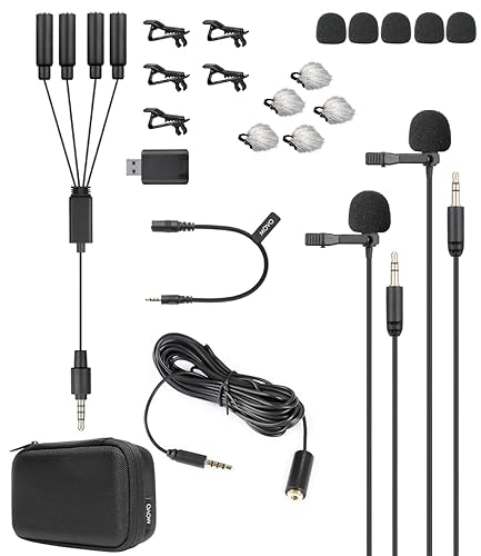 Movo VersaLav-V2 Lavalier Microphone Set for Smartphones, Computer, DSLR or Mirrorless Camera with Two Lapel Microphones, Splitter, Extension Cord