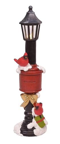 Mark Feldstein & Associates Resin Mailbox Lamp Post with Cardinals Figurine Holiday Decor with Built in LED Light, 15 Inch