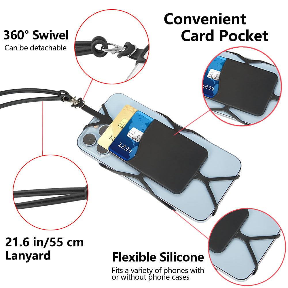 Kinizuxi 2 Packs Cell Phone Lanyard Crossbody Adjustable Neck Phone Holder with Card Pocket, Universal Silicone Neck Strap Phone Lanyards for Around
