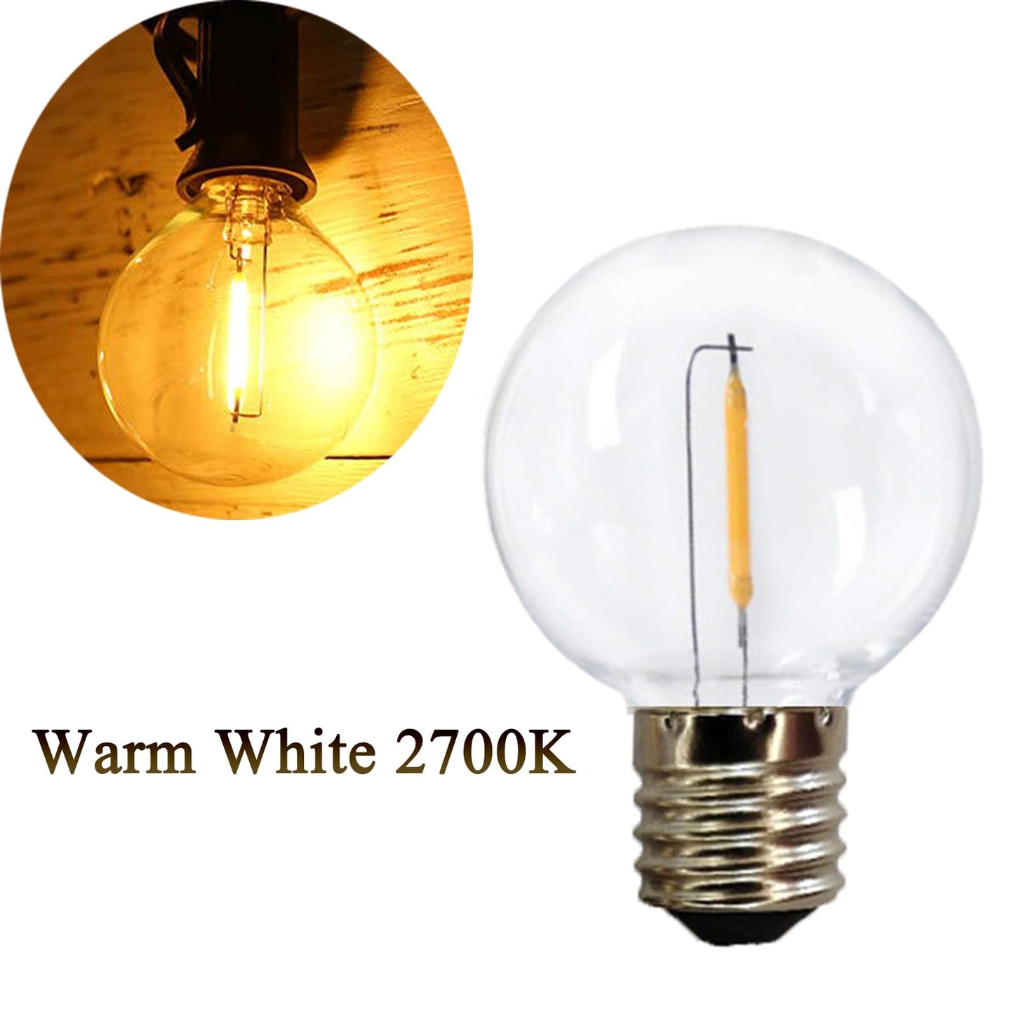 G40 Globe Replacement Bulbs C9/E17 Intermediate Base 1W G40 Shatterproof Waterproof Clear Plastic LED Filament Bulb Warm White 2700K Outdoor String