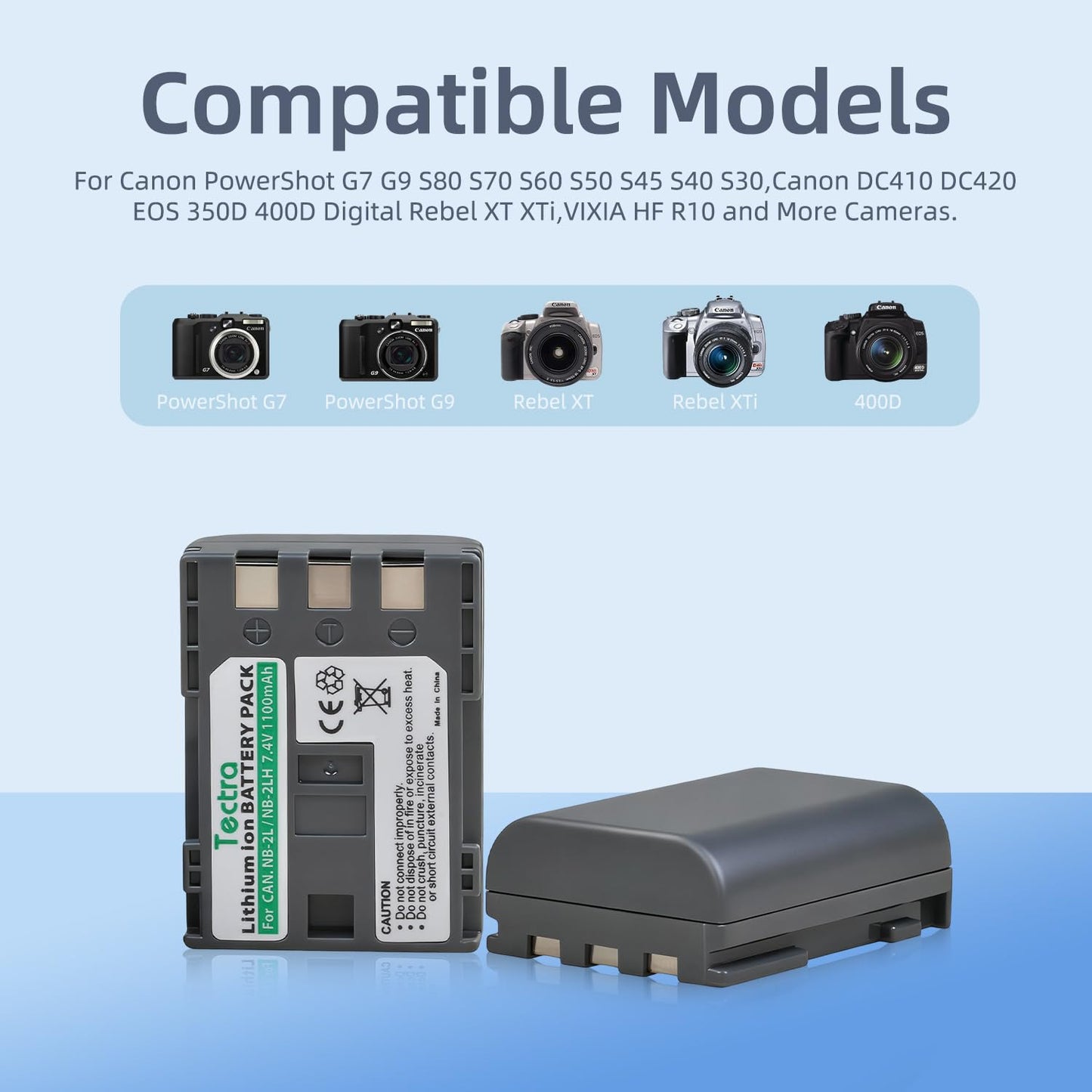 Tectra 2-Pack NB-2L NB-2LH Battery and LED Dual Charger for Canon PowerShot G7 G9 S30 S40 S45 S50 S60 S70 S80 DC410 DC420 VIXIA HF EOS 400D 350D Rebel