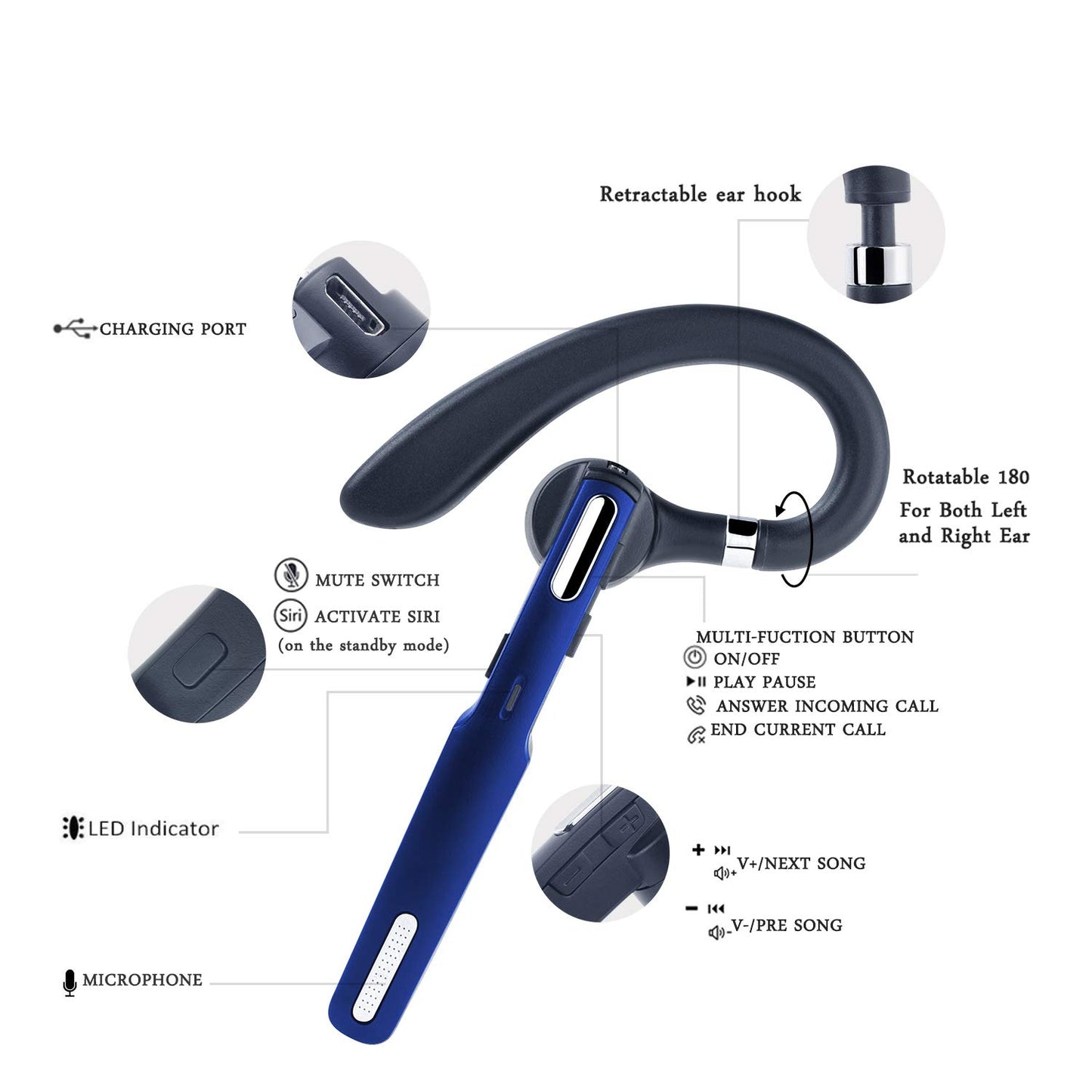 Reaton Bluetooth Headset, Phone Wireless Bluetooth Earpiece W/Noise Cancelling Mic,10-Hr Playing Time, Hands Free Wireless Headphone for Cell