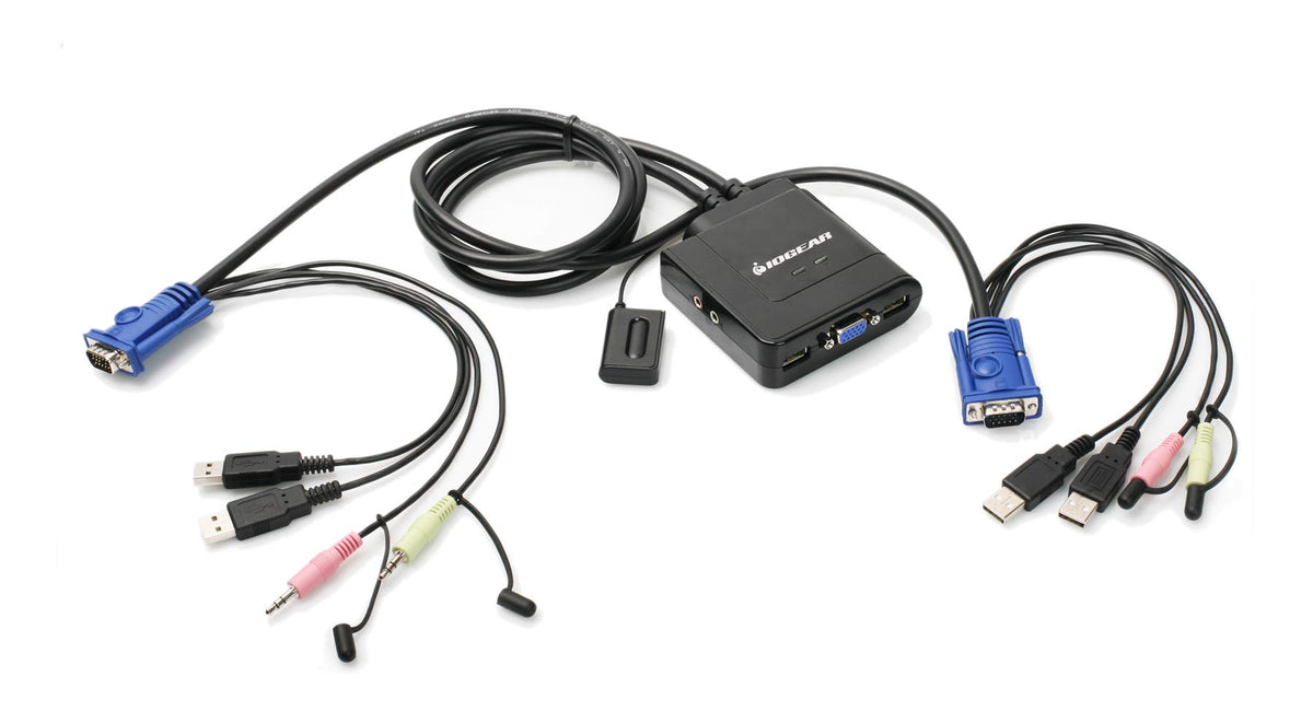 IOGEAR 2-Port USB VGA Cabled KVM Switch - 2048 x 1536 - 2.1 Stereo Audio w/Mic - Plug n Play - Remote Push Button Switching - Compatible w/PC MAC