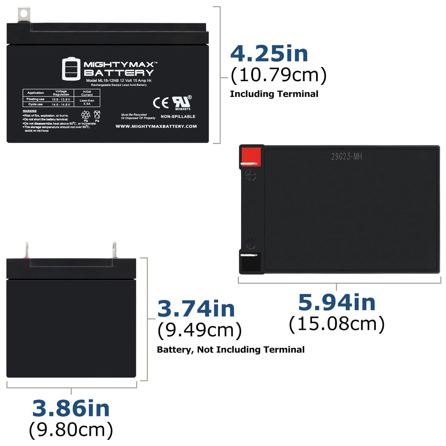 Mighty Max Battery ML15-12NB - 12 Volt 15 AH, NB Terminal, Rechargeable SLA AGM Battery