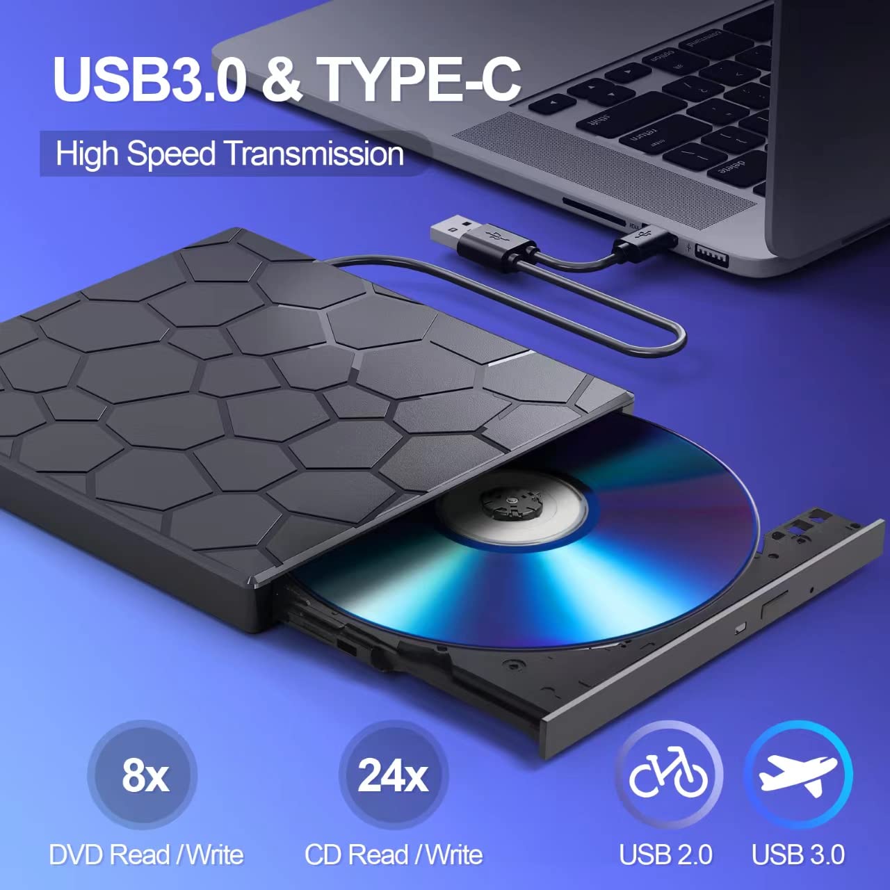 BPAKDU External CD/DVD Drive for Laptop, DVD Player for Laptop, 8 in 1 USB 3.0 Ultra-Slim Portable, CD Burner External Disk Drive Optical Compatible