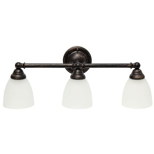 Simple Designs VT1025-ORB 25" Classic 3 Light Metal Bar and Frosted Cone Shape Glass Shades Decorative Wall Mounted Vanity, Oil Rubbed Bronze