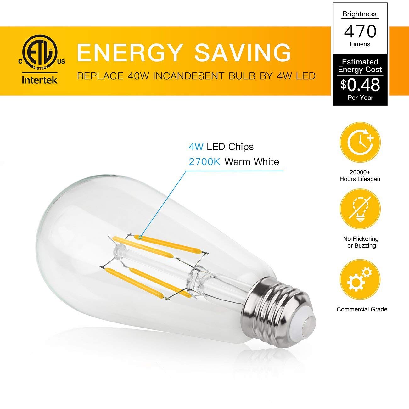 liveMAX Vintage Edison LED Bulb,Antique 40W Vintage Edison Bulb,E26 Light Bulb Led Bulb 400 Lumens Natural White 4000K,Pack of 6(Non Dimmable)