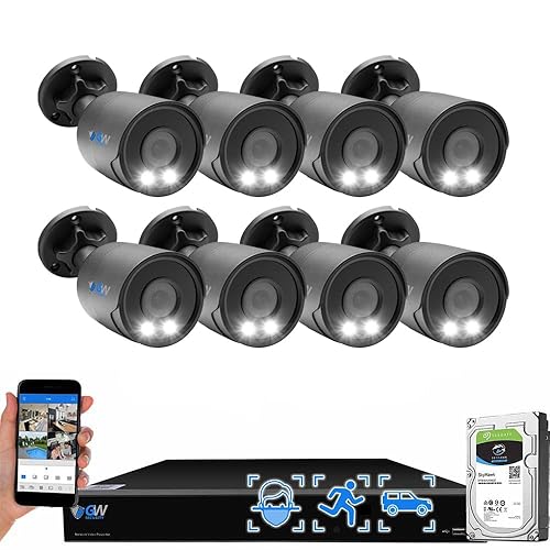 GW Security 4K Outdoor/Indoor AI Smart Functions Security Camera System, 16 Channel 12MP PoE NVR, 8 x 4K IP Color Night Vision Microphone Bullet