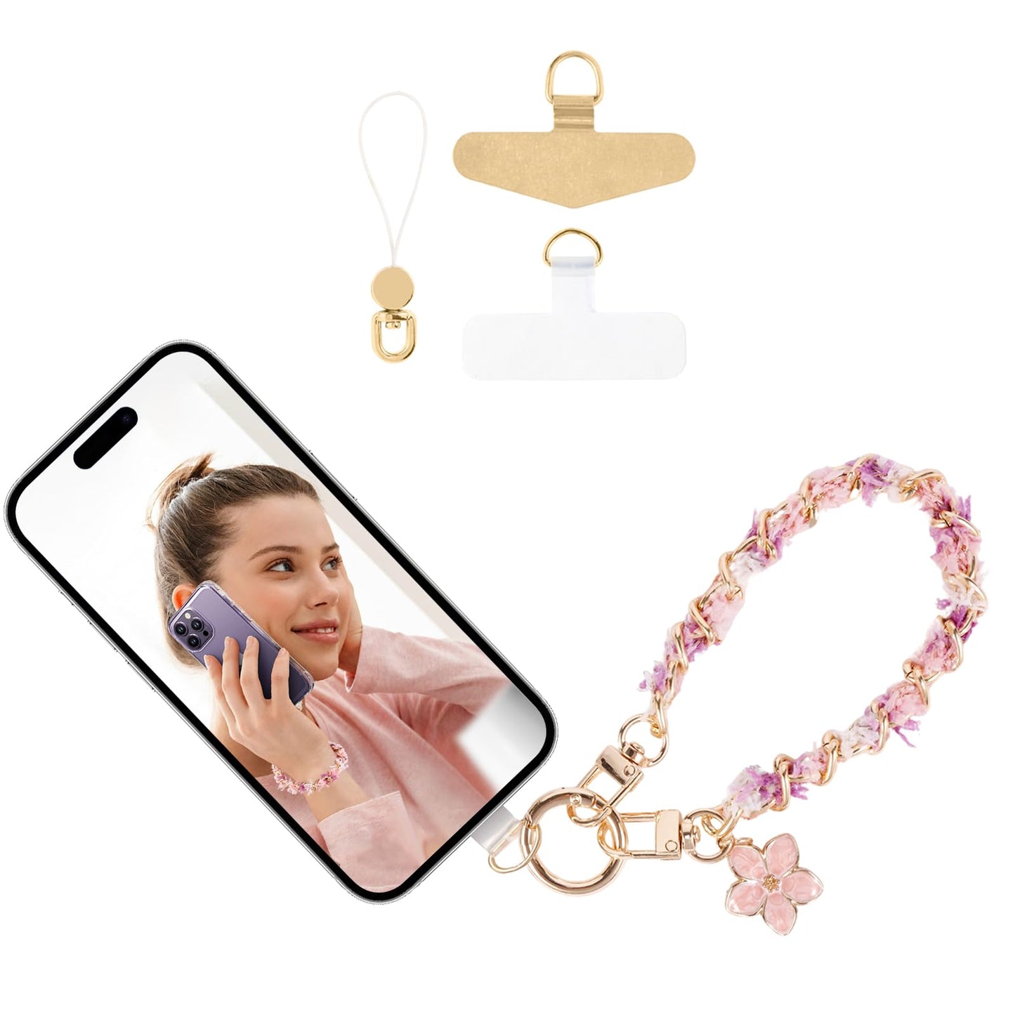 Elegant Floral Cell Phone Wrist Strap with Gold Chain, Soft Tassel for iPhone 17 Pro Max/Series 16&Most Cellphones - Secure Anti-Drop Lanyard