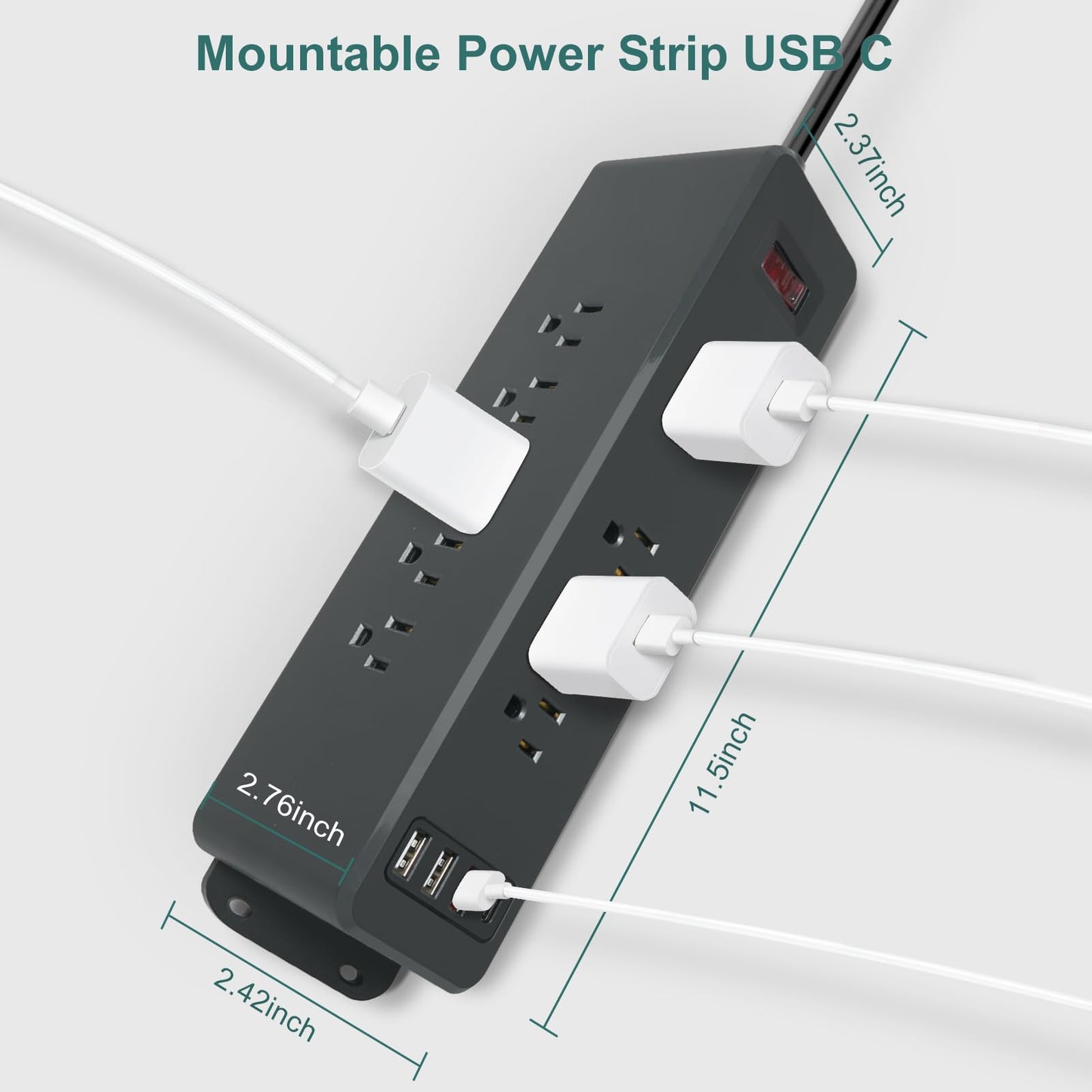 9 Outlets Wall Mount Power Strip with USB C HdcTek Double Side Outlet Extender Fast Charge USB-A Ports & 1 PD USB-C Port Flat Plug Mountable Desk