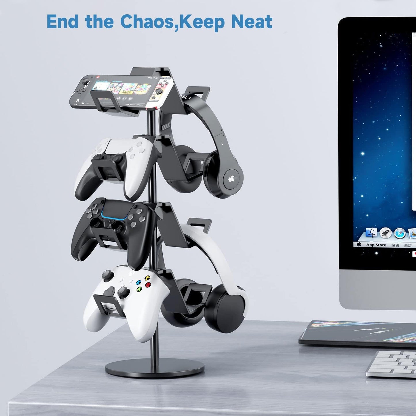 Karanava Controller Holder 4 Tier,Headphone Stand - Adjustable Headset Holder for Xbox PS5 PS4 Switch Pro - Gaming Accessories Storage