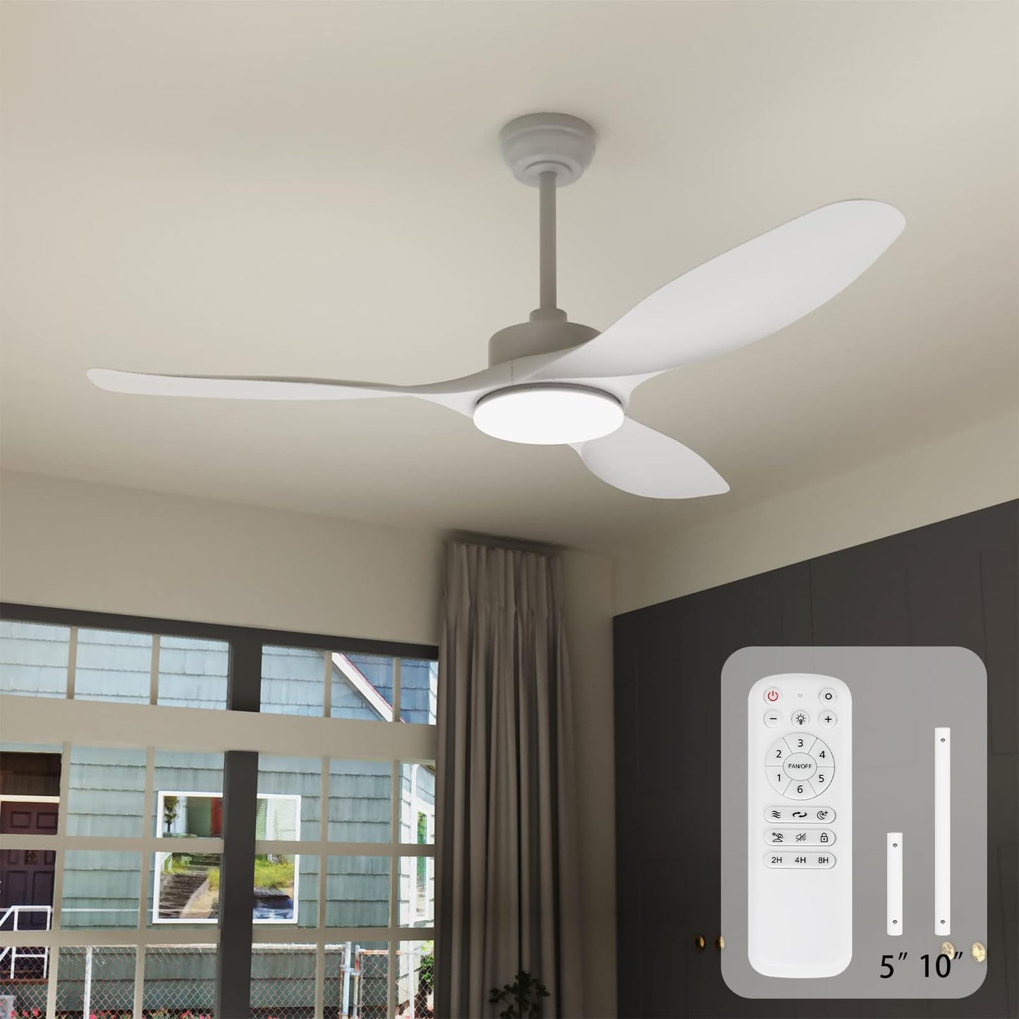 Wozzio 52 Inch Ceiling Fans with Lights Remote Control,White Sloped Mount Ceiling Fan 22W Dimmable LED Light,3 Reversible Blades,DC Motor 6 Speed