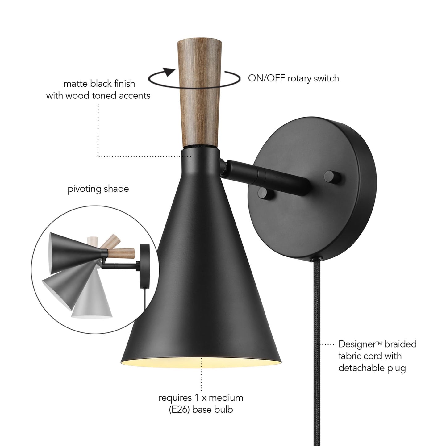 Globe Electric Plug-in or Hardwire Wall Sconce, Matte Black, Wood-Tone Switch, Metal Shade, 6-Foot Cord, 65000101