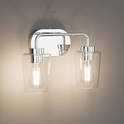 Tipace Chrome Vintage Bathroom Vanity Light,2 Lights Modern Stainless Steel with Clear Glass Bathroom Light Fixtures Industrial Wall Mount Lighting
