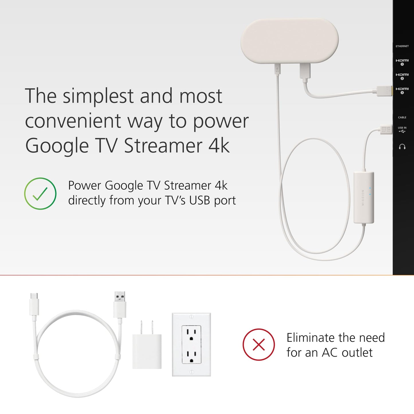 Mission USB Power Cable for Google TV (Power Google TV Directly from Your USB Port)
