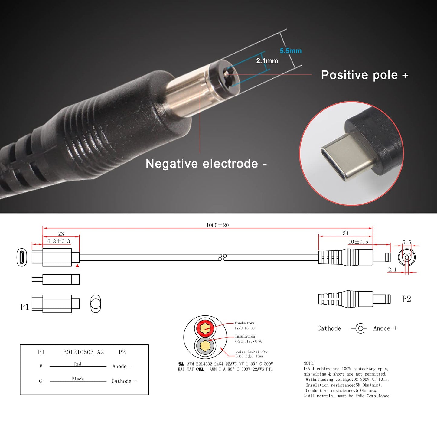 wininks Type-C to DC Power Cable - 3ft 12V USB-C Plug to DC 5.5 x 2.1mm Male Charging Cable, Connect USB-PD Power Bank to Power Any 12 Volts Device