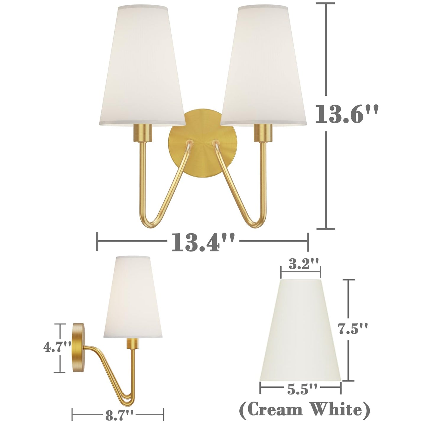 Electro bp;Double Head Classic 2 Lights Wall Sconces Lighting Fixture Polished Gold with Cream White Linen Fabric Lamp Shades E12 80W Hardwired;