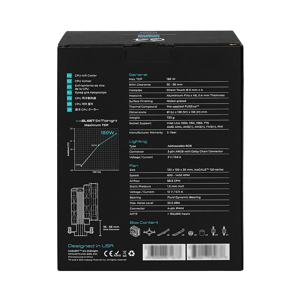 Iceberg Thermal IceSLEET G4 Midnight All-Black 4 Nickel-Plated Heatpipes CPU Air Cooler with ARGB 120mm PWM Fan for Intel and AMD (Limited Edition)
