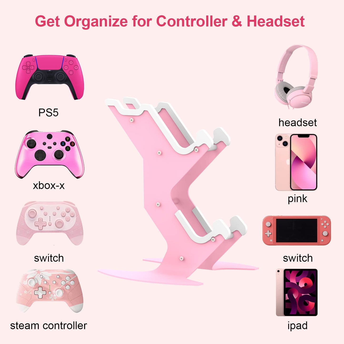NBCP Controller Holder Pink, Headset Stand, Headphone Holder Hanger Mount Universal Gaming PC Accessories Organiser for Xbox, DualSense PS5, DualShock