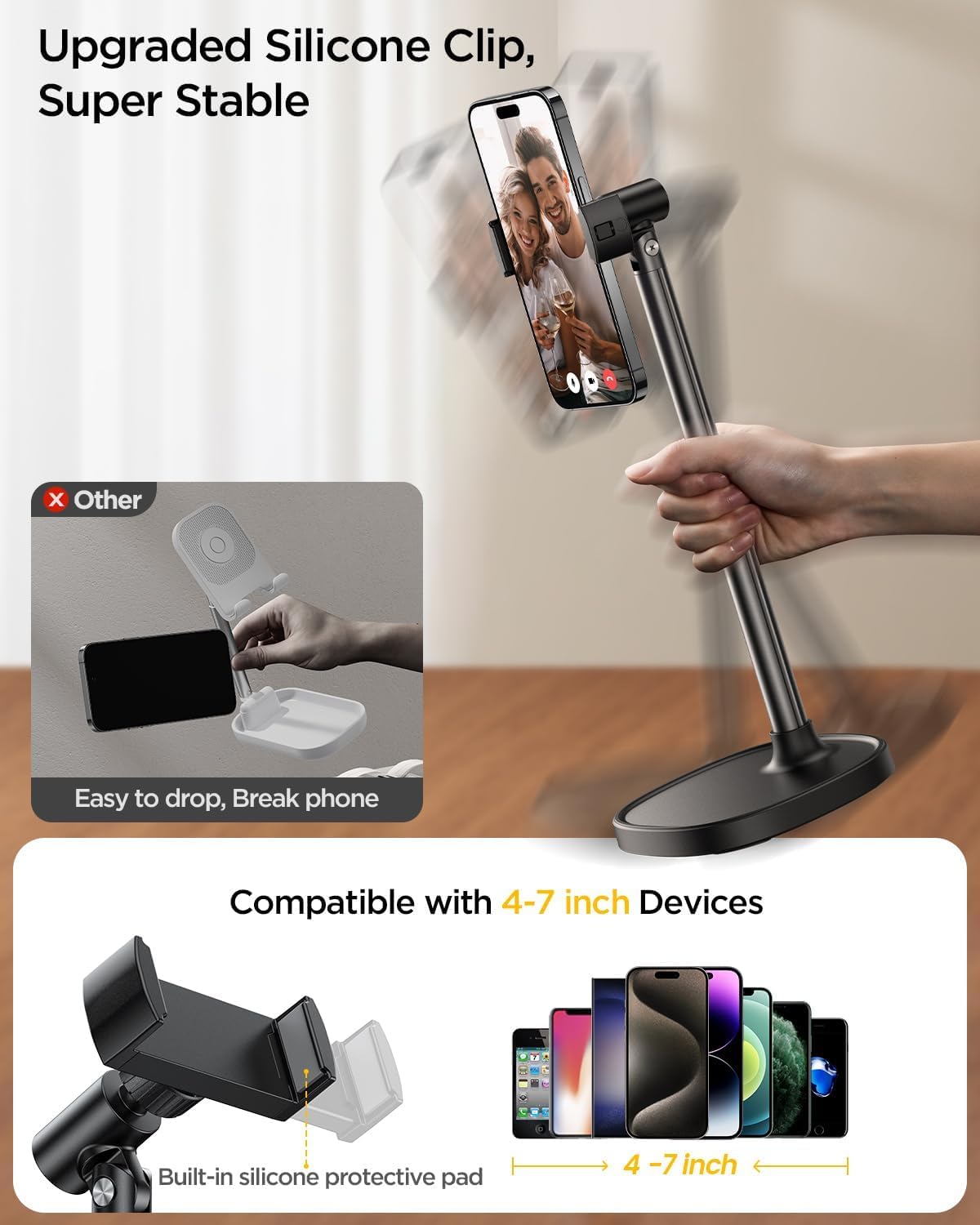 DIMONCOAT Phone Stand for Desk, Angle Height Adjustable Phone Holder for Desk, Aluminum Alloy Universal iPhone Holder, Retractable Cell Phone Stand
