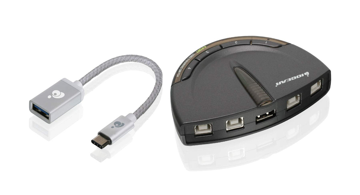 IOGEAR 4 Port USB 2.0 Switch - Auto Printer Switch - USB-A to USB-C Adapter Kit - Manually or Auto Control - LEDs Indicate - Plug N Play