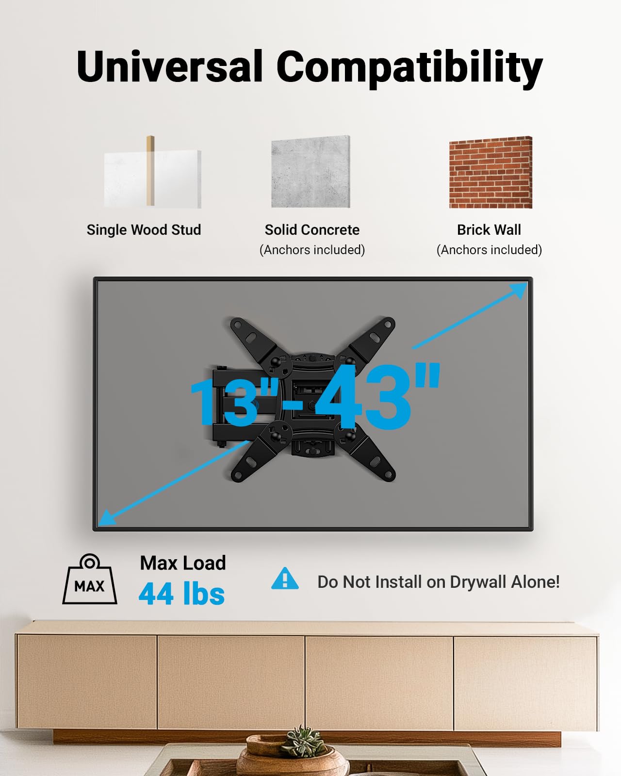 Pipishell Full Motion TV Wall Mount for Echo Show 21/15 and 13-43 Inch Flat Curved Screen TVs & Monitors, Max VESA 200x200mm up to 44lbs, TV Mount
