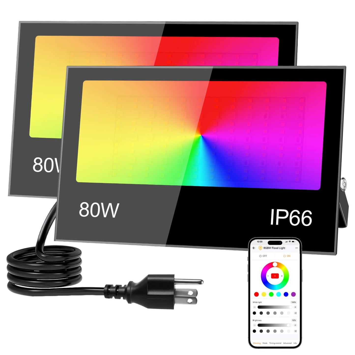 Remon LED Flood Light Outdoor 800W Equivalent 8000LM Smart RGB Landscape Lighting with APP Control, DIY Scenes - Timing - Warm White 2700K - Color