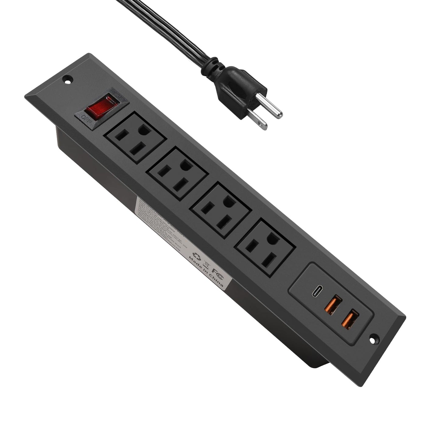 Recessed Power Strip with Type C 20W PD Fast Charge Desk Power Outlet 4 Outlets 2 USB and 1 USB C Built in Furniture Extension Power Plug for Dorm