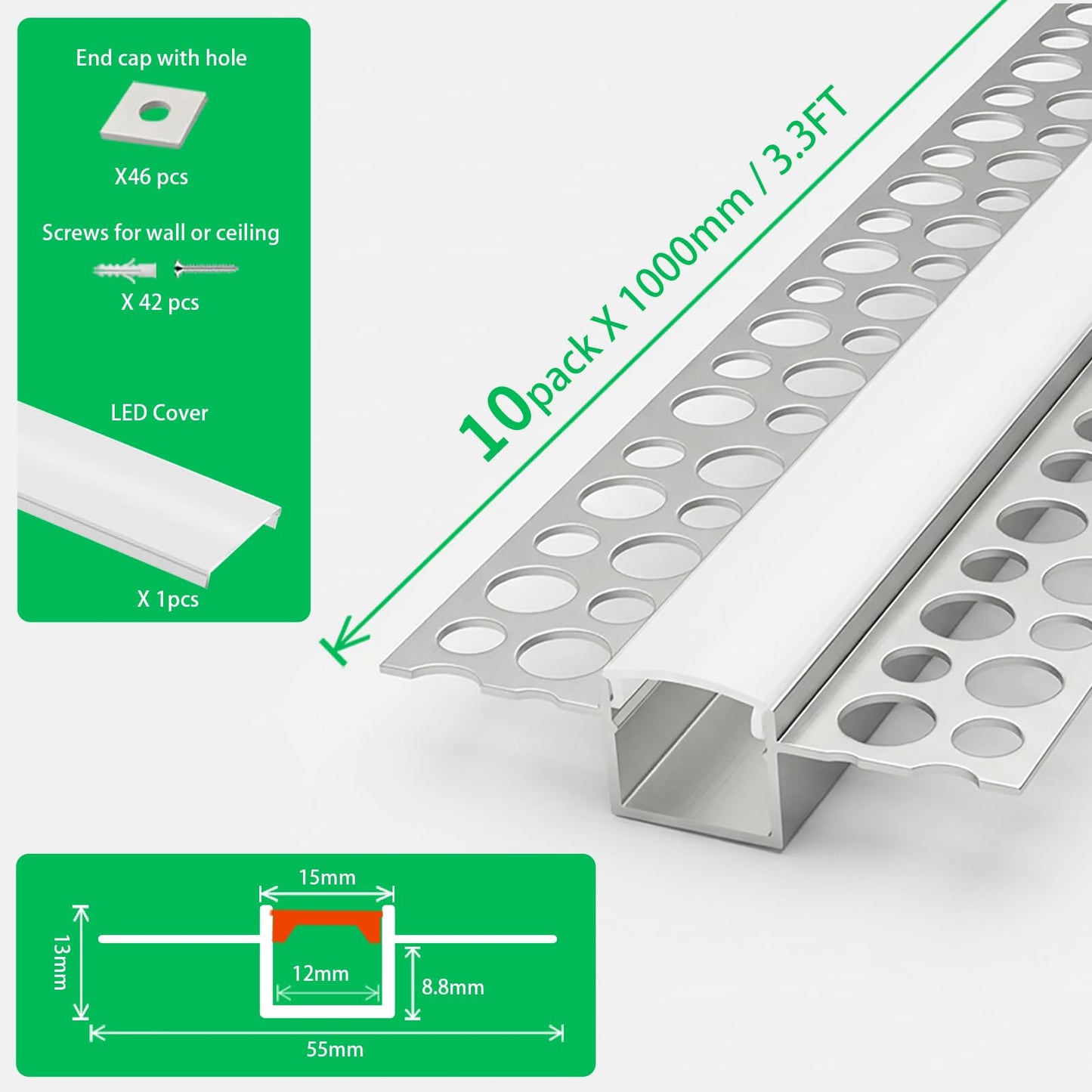 JWTCLUST 10 Pack Plaster-in Drywall Recessed Led Strip Channel Diffuser 3.3ft/1Meter Aluminum U Track for LED Tape Trimless Lighting Wall and Ceiling