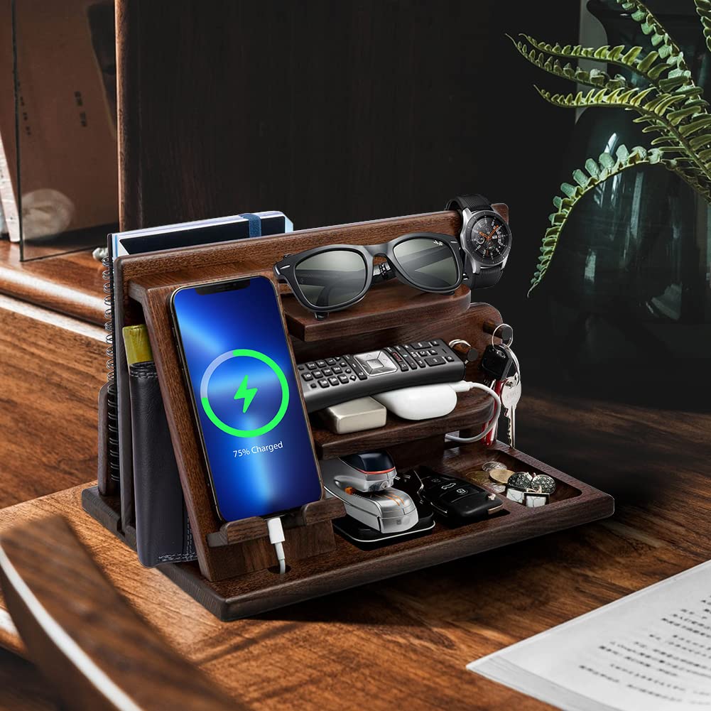 Gifts for Men Christmas, Wood Phone Docking Station, Mens Gifts for Birthday or Gifts for Dad Fathers Day, Desk Workspace Organizer Nightstand