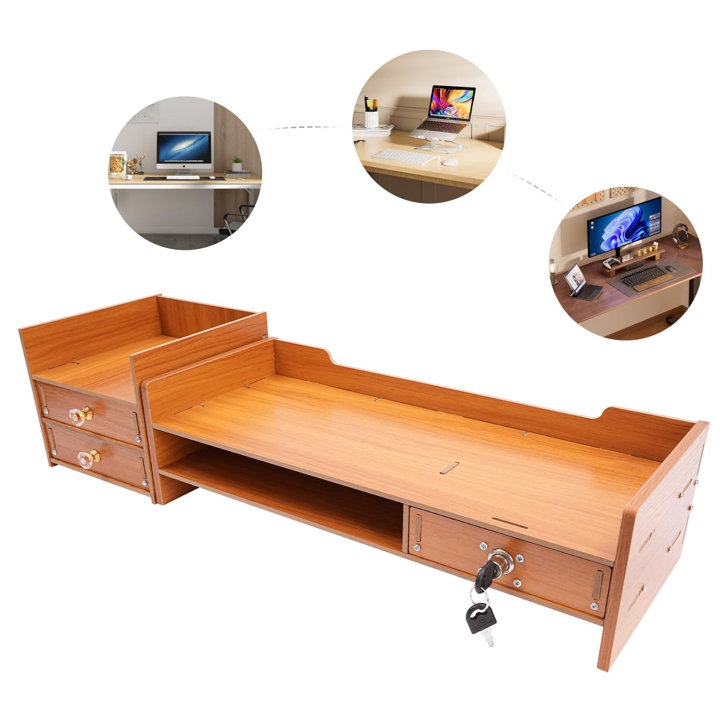 AngelcityCC Monitor Stand Riser, 3 Tiers Laptop Computer Monitor Riser, Desktop Wooden Screen Monitor Stand Riser with Drawers&Lock for Home Office