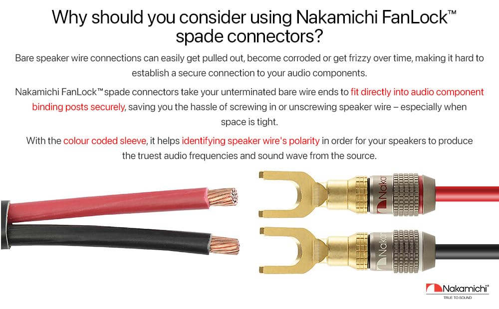 Nakamichi FanLock Excel Series 24k Gold Plated Spade Connector Banana Plug 10 AWG - 18 AWG Gauge Size 4mm for Speakers Amplifier Hi-Fi Home Theatre