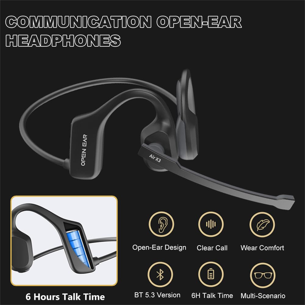 GkGk Open Ear Bluetooth Headphones, Air Conduction Wireless Bluetooth V5.3 Headset with Built-in Mic for Running, Driving and Outdoor Sports