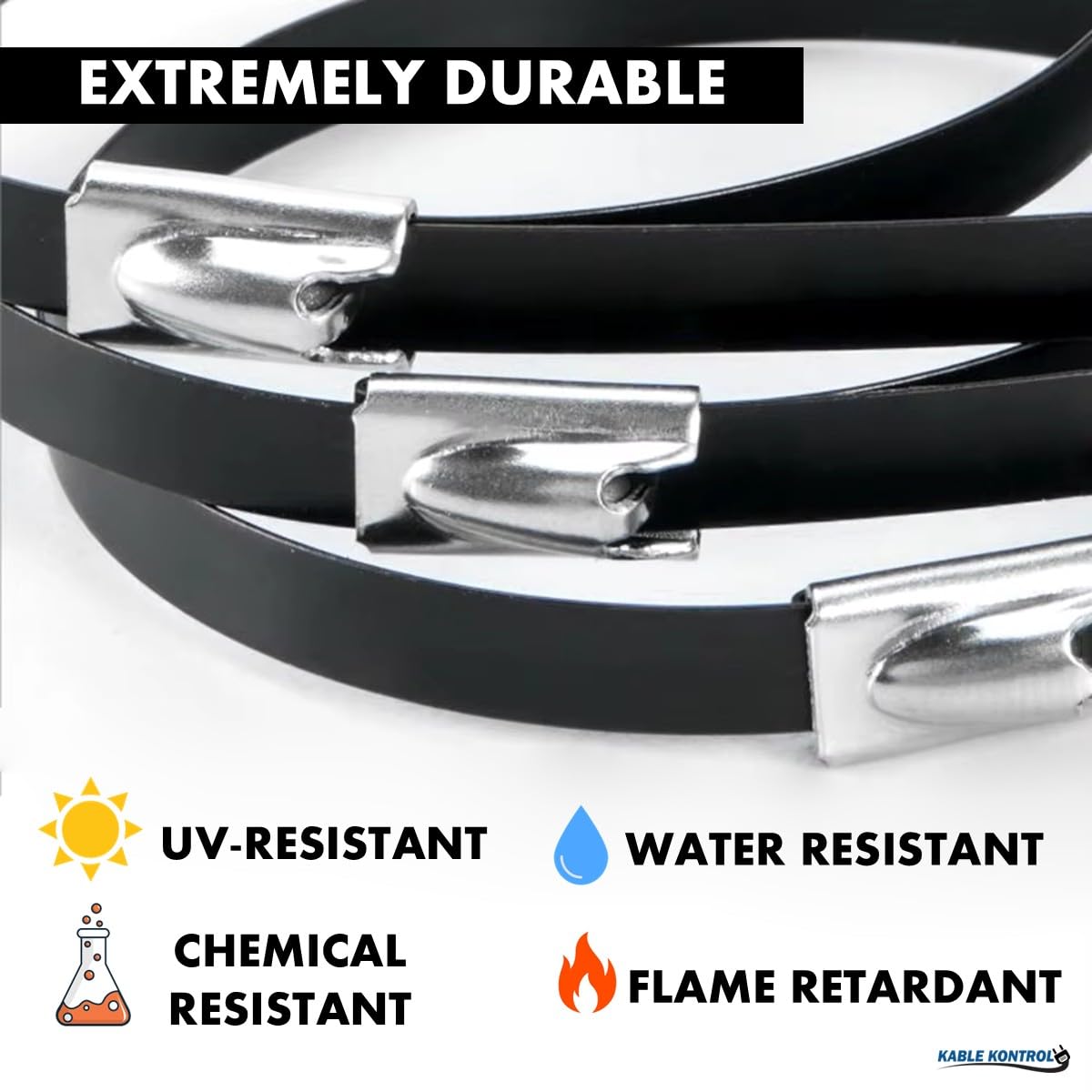 Kable Kontrol Black Metal Zip Ties - 8" Inch Long 100 Pcs, 200 Lbs Tensile Strength, Polyester Coated 304 Stainless Steel Cable Ties UV & Chemical